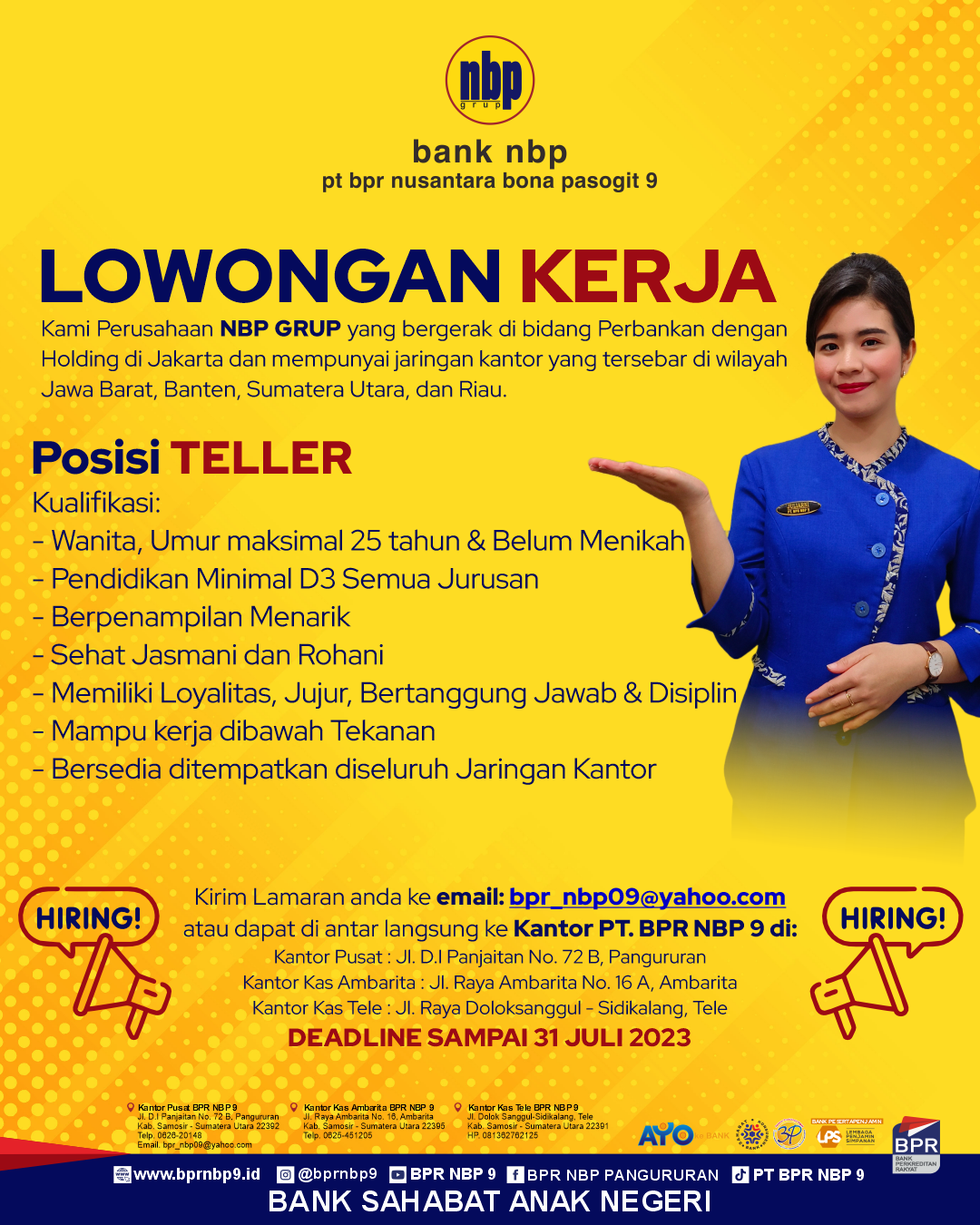 LOWONGAN KERJA - TELLER LOWONGAN KERJA - TELLER